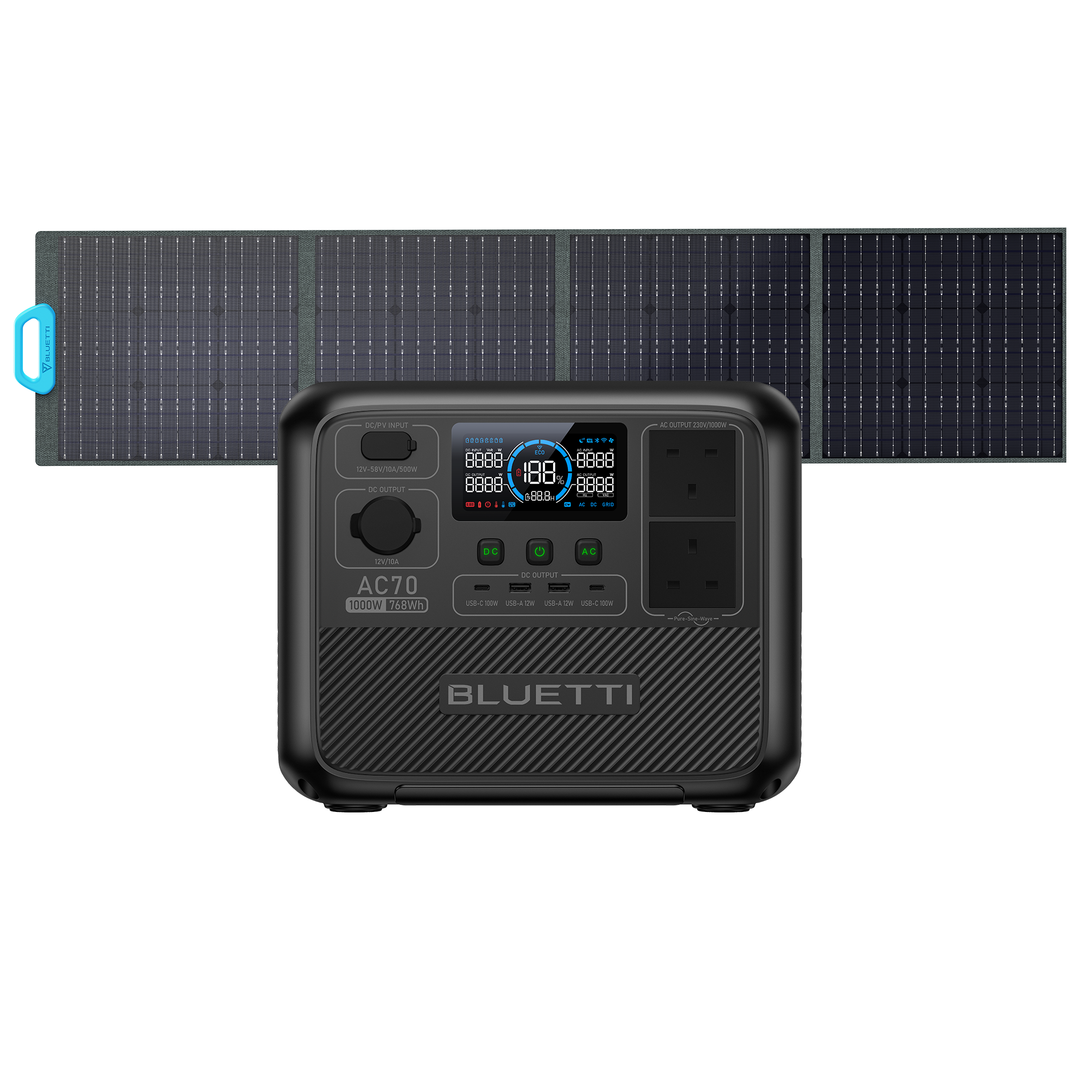 BLUETTI AC70 Power Station | 768Wh 1,000W - BLUETTI UK, AC70+PV200 | 1000W 768Wh | 200W Solar Kit