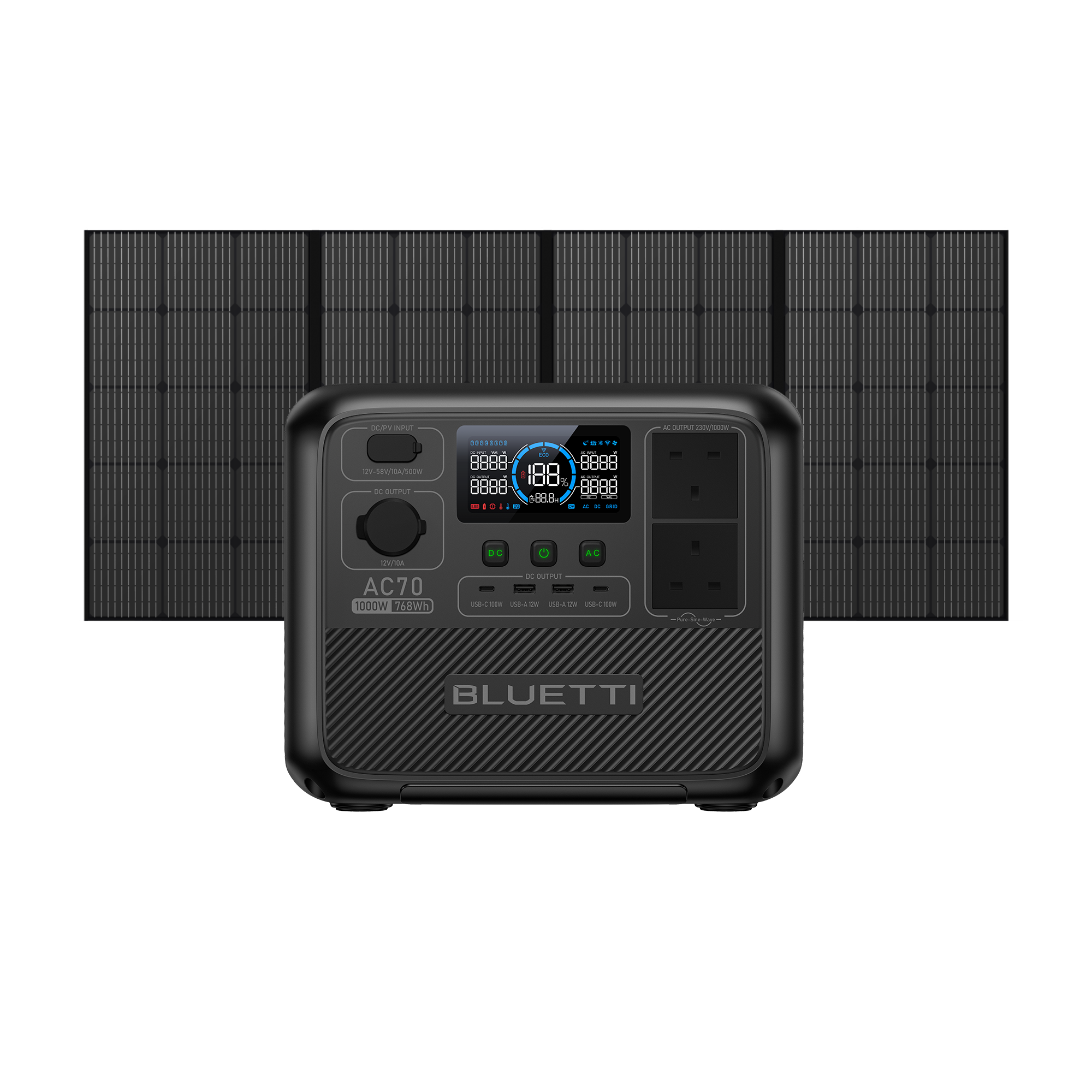 BLUETTI AC70 Power Station | 768Wh 1,000W - BLUETTI UK, AC70+PV350 | 1000W 768Wh | 350W Solar Kit