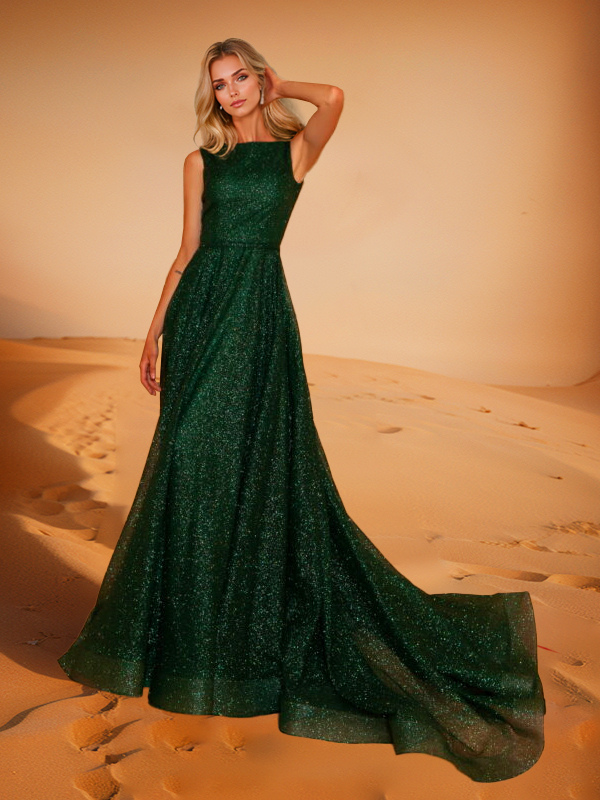 Jewel Neck A-Line Evening Dress with Train